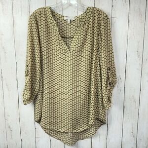 Chaus New York Women's Green Polka Dot V-Neck Roll Tab Sleeve Blouse Size L